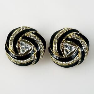VTG Runway TRIFARI Art Deco Chic Earrings Black Enamel Crystal Rhinestones Clips